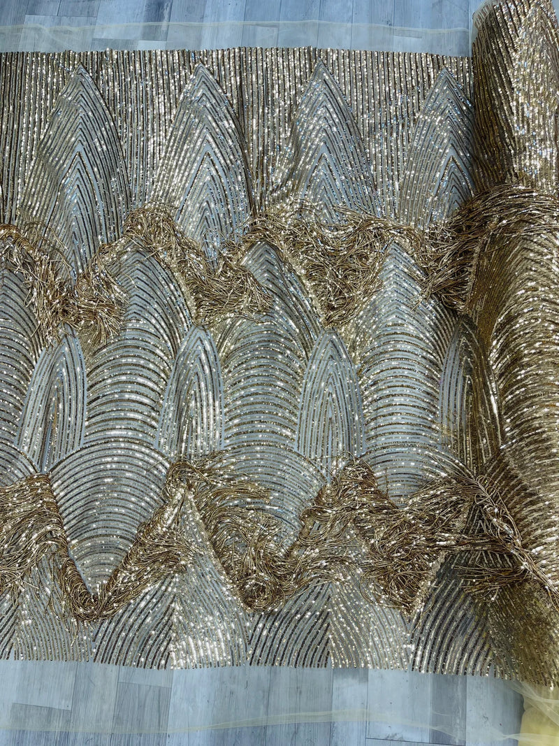 Fringe Sequins Fabric - Gold - Hanging Sequins 2 Way Stretch Fabric Sold By Yard
