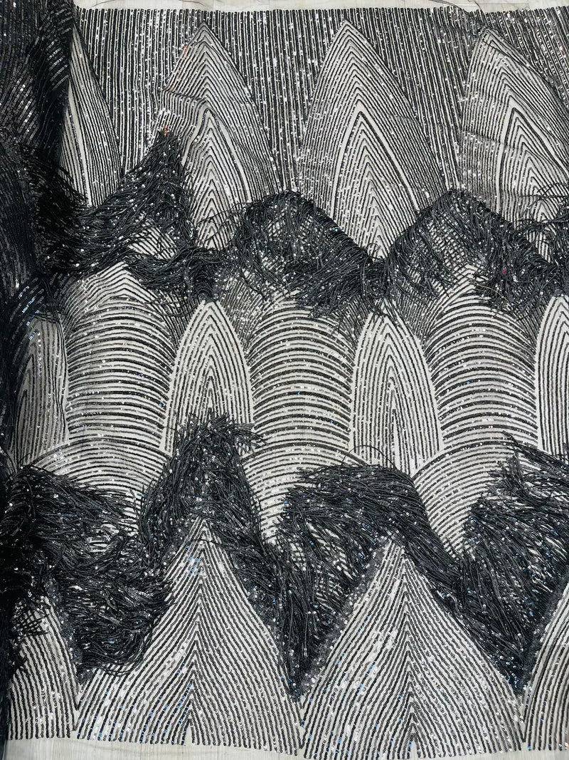 Fringe Sequins Fabric - Black - Hanging Sequins 2 Way Stretch Fabric Sold By Yard
