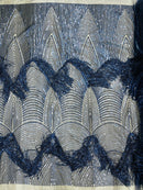 Fringe Sequins Fabric - Navy Blue - Hanging Sequins 2 Way Stretch Fabric Sold By Yard