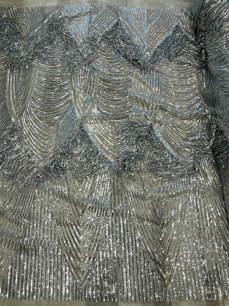 Fringe Sequins Fabric - Silver - Hanging Sequins 2 Way Stretch Fabric Sold By Yard