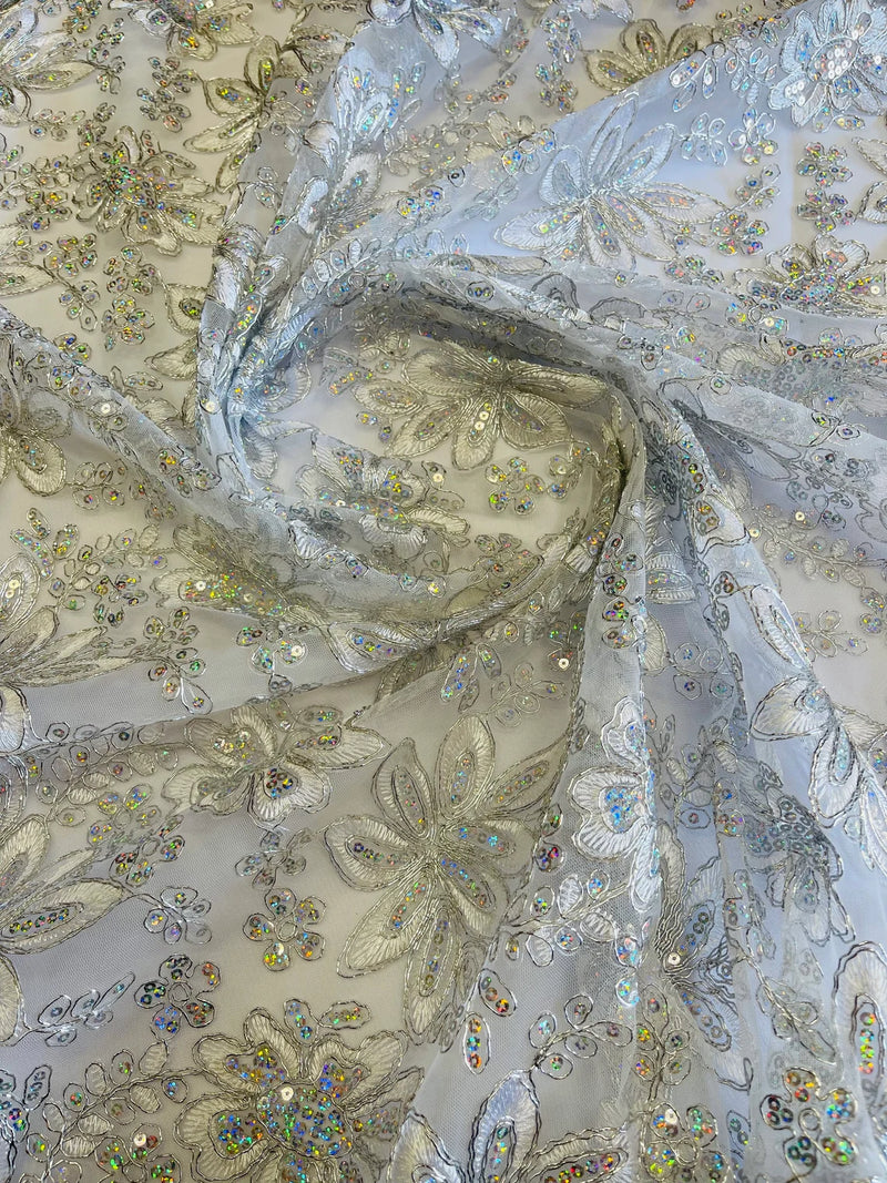 Holographic Floral Lace - Silver - Flower Sequins Lace Design w/ Metallic Thread by Yard