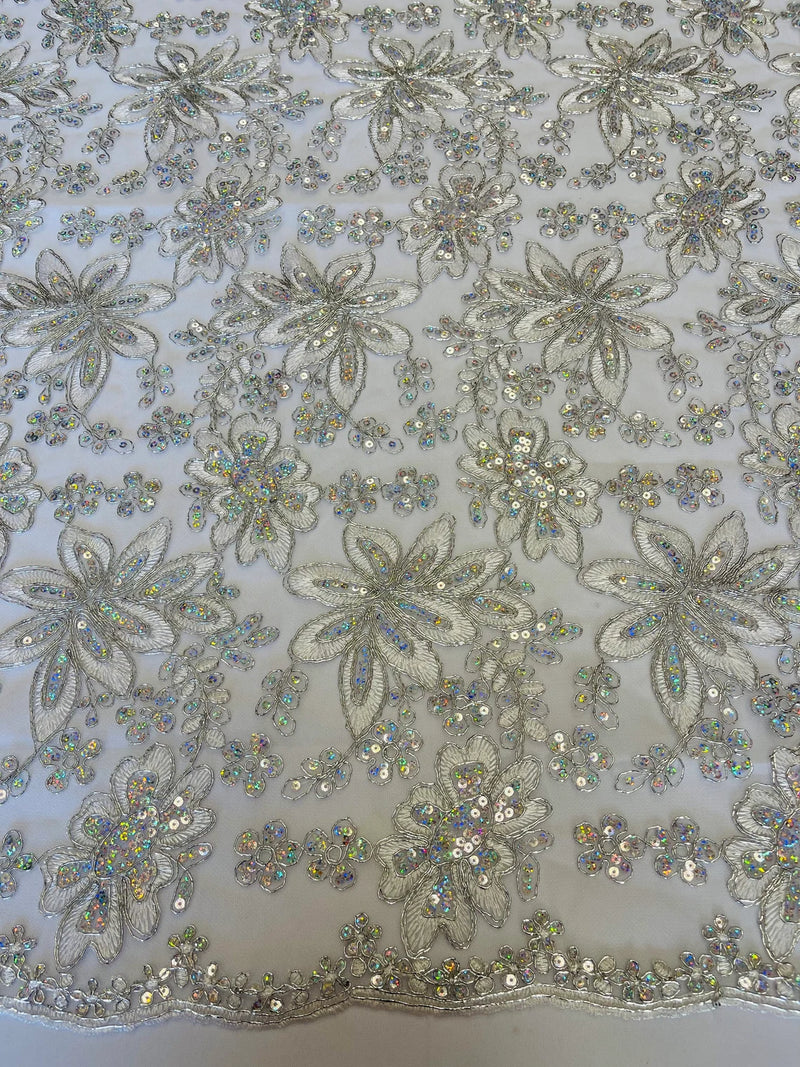 Holographic Floral Lace - Silver - Flower Sequins Lace Design w/ Metallic Thread by Yard