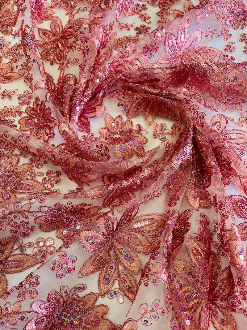 Holographic Floral Lace - Dusty Rose - Flower Sequins Lace Design w/ Metallic Thread by Yard