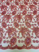 Holographic Floral Lace - Dusty Rose - Flower Sequins Lace Design w/ Metallic Thread by Yard