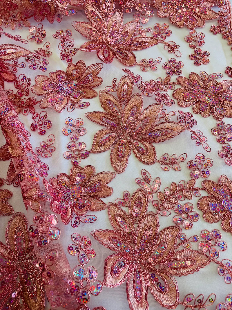 Holographic Floral Lace - Dusty Rose - Flower Sequins Lace Design w/ Metallic Thread by Yard