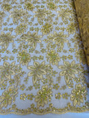 Holographic Floral Lace - Gold - Flower Sequins Lace Design w/ Metallic Thread by Yard