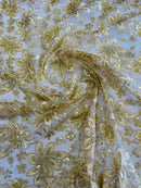 Holographic Floral Lace - Gold - Flower Sequins Lace Design w/ Metallic Thread by Yard