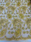 Holographic Floral Lace - Gold - Flower Sequins Lace Design w/ Metallic Thread by Yard