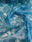 Holographic Floral Lace - Turquoise - Flower Sequins Lace Design w/ Metallic Thread by Yard