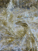 Holographic Floral Lace - Ivory / Gold - Flower Sequins Lace Design w/ Metallic Thread by Yard