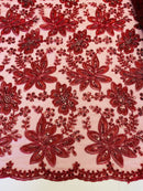 Holographic Floral Lace - Burgundy - Flower Sequins Lace Design w/ Metallic Thread by Yard