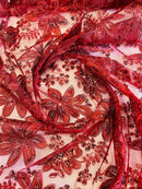 Holographic Floral Lace - Burgundy - Flower Sequins Lace Design w/ Metallic Thread by Yard