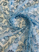 Floral Embroidered Lace - Blue - Floral Corded Lace With Sequins Sold By Yard