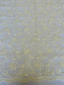 Floral Embroidered Lace - Ivory - Floral Corded Lace With Sequins Sold By Yard