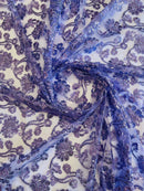 Floral Embroidered Lace - Lilac - Floral Corded Lace With Sequins Sold By Yard