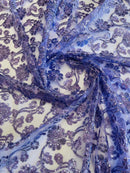 Floral Embroidered Lace - Lilac - Floral Corded Lace With Sequins Sold By Yard