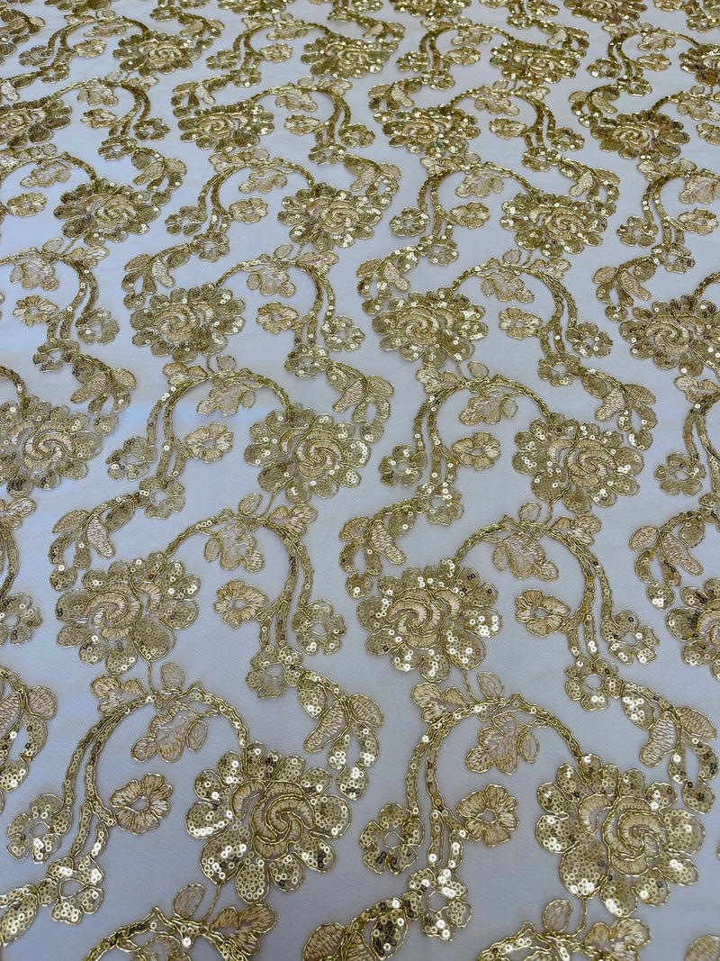 Floral Embroidered Lace - Champagne - Floral Corded Lace With Sequins Sold By Yard