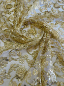 Floral Embroidered Lace - Champagne - Floral Corded Lace With Sequins Sold By Yard
