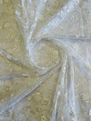 Floral Embroidered Lace - White - Floral Corded Lace With Sequins Sold By Yard