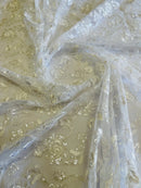 Floral Embroidered Lace - White - Floral Corded Lace With Sequins Sold By Yard