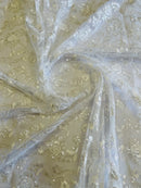 Floral Embroidered Lace - White - Floral Corded Lace With Sequins Sold By Yard