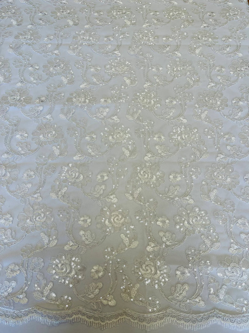 Floral Embroidered Lace - White - Floral Corded Lace With Sequins Sold By Yard