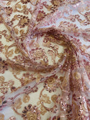 Floral Embroidered Lace - Rose - Floral Corded Lace With Sequins Sold By Yard