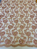Floral Embroidered Lace - Rose - Floral Corded Lace With Sequins Sold By Yard