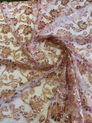 Floral Embroidered Lace - Rose - Floral Corded Lace With Sequins Sold By Yard
