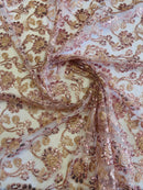 Floral Embroidered Lace - Rose - Floral Corded Lace With Sequins Sold By Yard