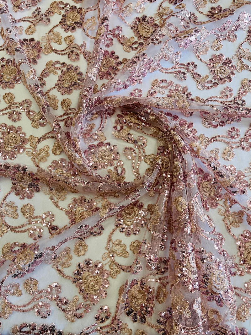 Floral Embroidered Lace - Rose - Floral Corded Lace With Sequins Sold By Yard