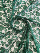 Floral Embroidered Lace - Hunter Green - Floral Corded Lace With Sequins Sold By Yard