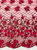 3D Triangle Floral Pearl Fabric - Burgundy - 3D Embroidered Floral Design on Lace Mesh By Yard