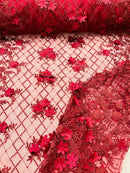 3D Triangle Floral Pearl Fabric - Burgundy - 3D Embroidered Floral Design on Lace Mesh By Yard