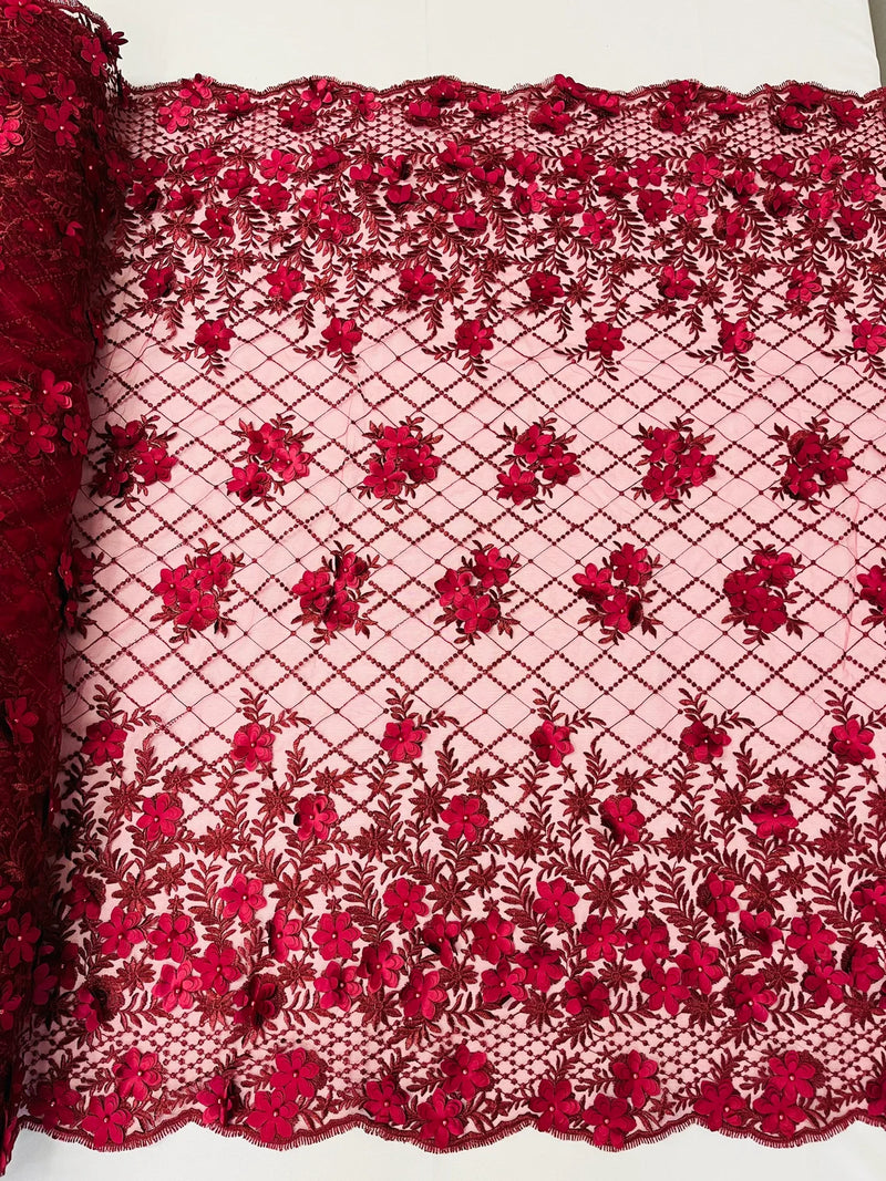 3D Triangle Floral Pearl Fabric - Burgundy - 3D Embroidered Floral Design on Lace Mesh By Yard