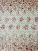 3D Triangle Floral Pearl Fabric - Dusty Rose - 3D Embroidered Floral Design on Lace Mesh By Yard