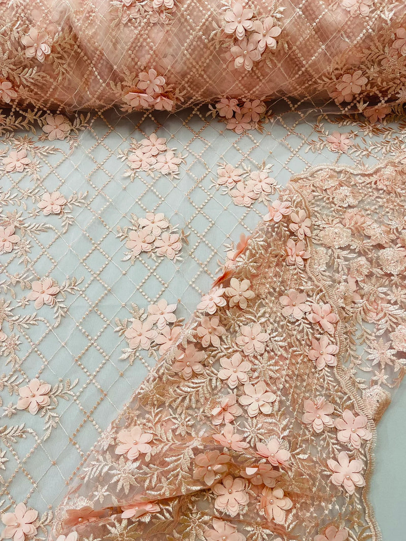 3D Triangle Floral Pearl Fabric - Blush - 3D Embroidered Floral Design on Lace Mesh By Yard