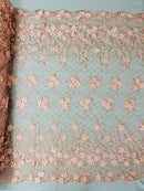 3D Triangle Floral Pearl Fabric - Blush - 3D Embroidered Floral Design on Lace Mesh By Yard