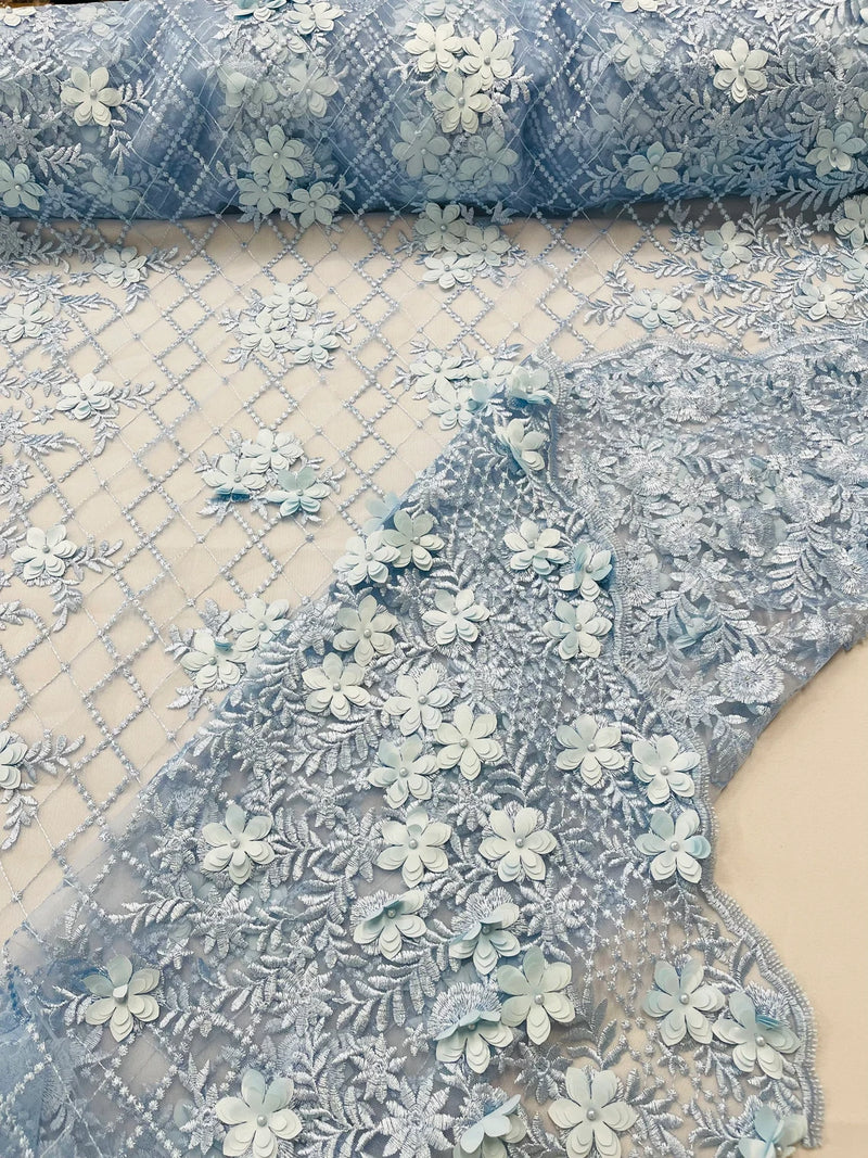 3D Triangle Floral Pearl Fabric - Baby Blue - 3D Embroidered Floral Design on Lace Mesh By Yard