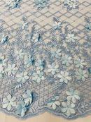 3D Triangle Floral Pearl Fabric - Baby Blue - 3D Embroidered Floral Design on Lace Mesh By Yard
