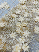 3D Triangle Floral Pearl Fabric - Champagne - 3D Embroidered Floral Design on Lace Mesh By Yard