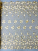 3D Triangle Floral Pearl Fabric - Champagne - 3D Embroidered Floral Design on Lace Mesh By Yard