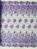 3D Triangle Floral Pearl Fabric - Lilac - 3D Embroidered Floral Design on Lace Mesh By Yard