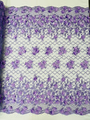 3D Triangle Floral Pearl Fabric - Lilac - 3D Embroidered Floral Design on Lace Mesh By Yard