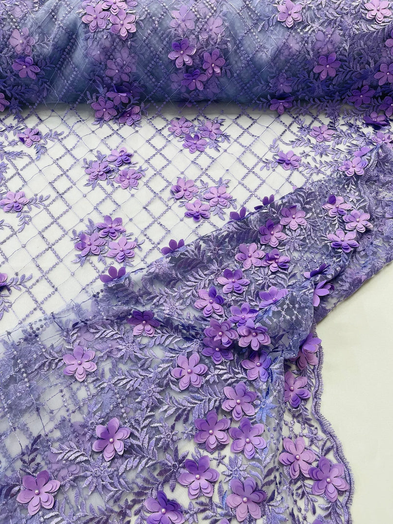 3D Triangle Floral Pearl Fabric - Lilac - 3D Embroidered Floral Design on Lace Mesh By Yard