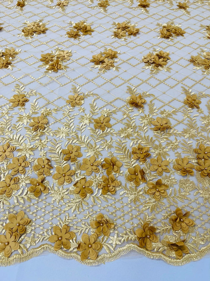 3D Triangle Floral Pearl Fabric - Gold - 3D Embroidered Floral Design on Lace Mesh By Yard