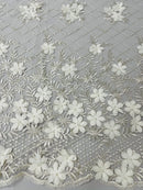 3D Triangle Floral Pearl Fabric - Ivory - 3D Embroidered Floral Design on Lace Mesh By Yard