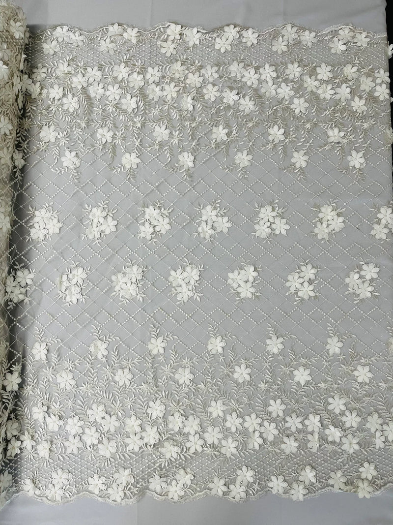 3D Triangle Floral Pearl Fabric - Ivory - 3D Embroidered Floral Design on Lace Mesh By Yard