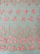 3D Triangle Floral Pearl Fabric - Pink - 3D Embroidered Floral Design on Lace Mesh By Yard