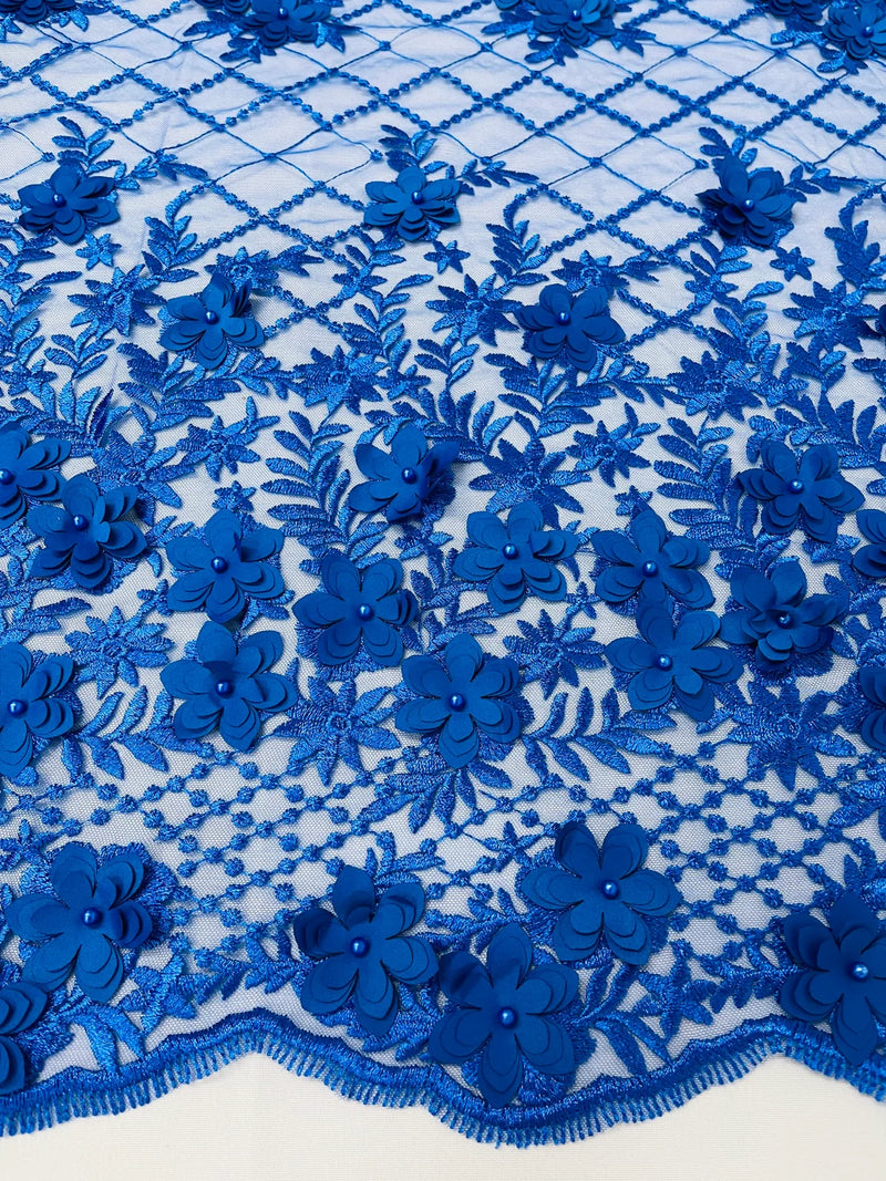 3D Triangle Floral Pearl Fabric - Royal Blue - 3D Embroidered Floral Design on Lace Mesh By Yard